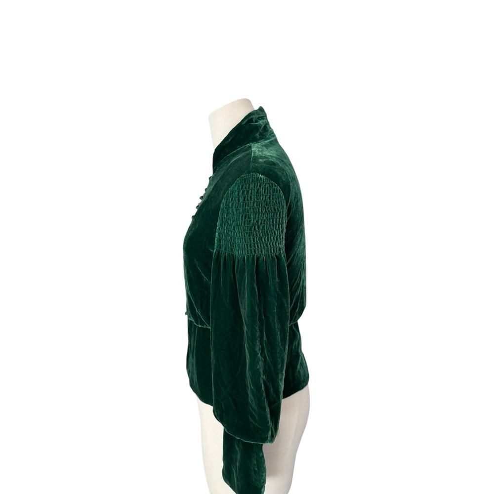 BCBG Max Azria XS Emerald Green Velvet Blouse Victorian High Neck Button Front - Picture 4 of 8
